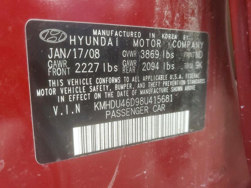Продажа на аукционе авто 2008 Hyundai Elantra, vin: KMHDU46D98U415681, номер лота: 54418436