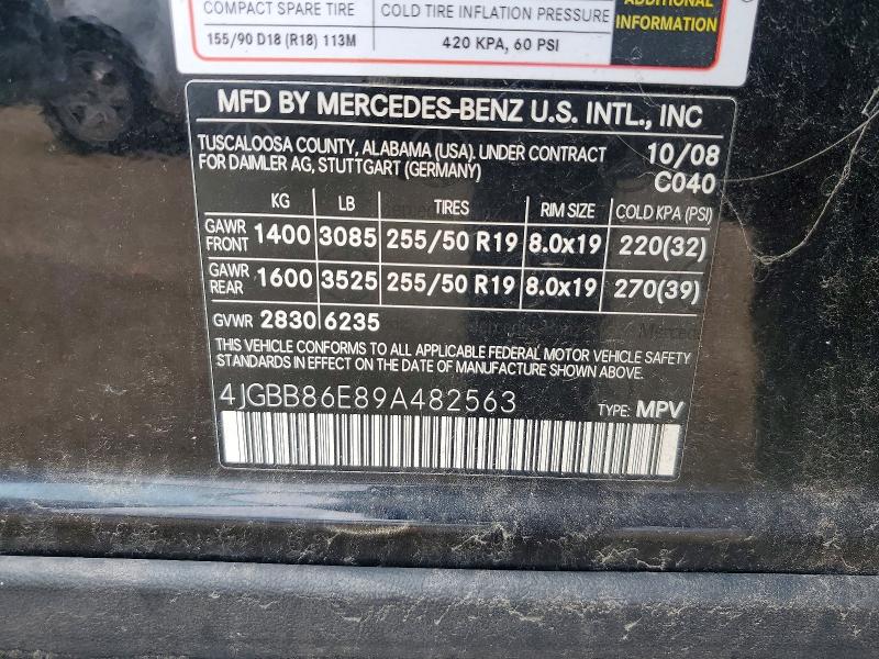 53237066 :رقم المزاد ، 4JGBB86E89A482563 vin ، 2009 Mercedes-benz Ml مزاد بيع