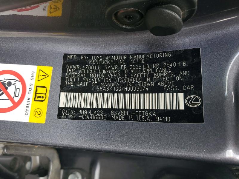Продажа на аукционе авто 2017 Lexus Es, vin: 58ABK1GG7HU039074, номер лота: 55105336