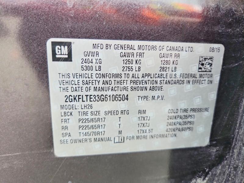 Aukcja sprzedaży 2016 Gmc Terrain, vin: 2GKFLTE33G6106504, numer aukcji: 54811396