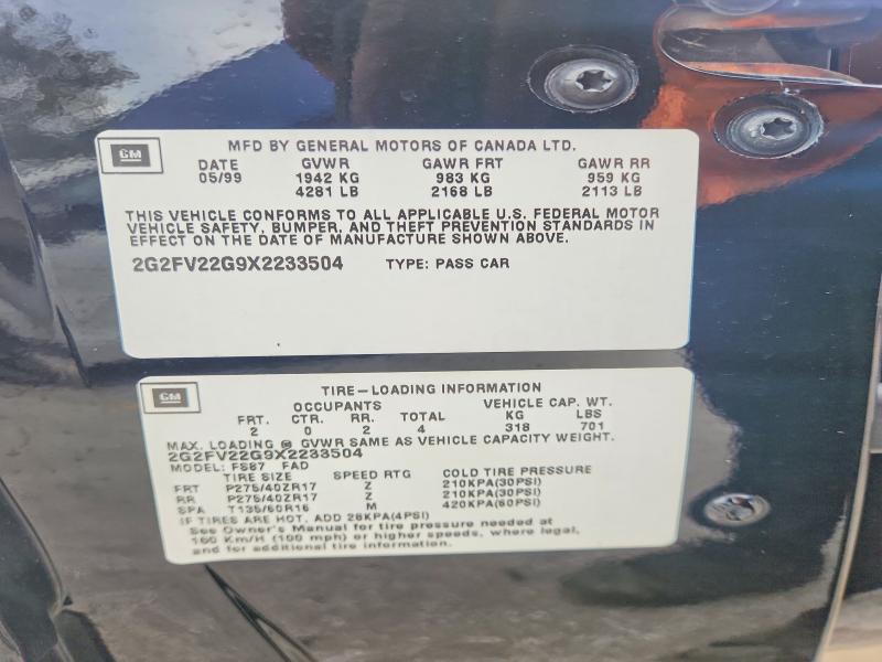 52913316 :رقم المزاد ، 2G2FV22G9X2233504 vin ، 1999 Pontiac Firebird مزاد بيع