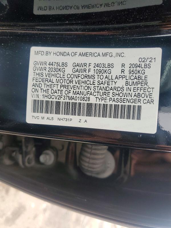 Продаж на аукціоні авто 2021 Honda Accord, vin: 1HGCV2F37MA010828, номер лоту: 52904036