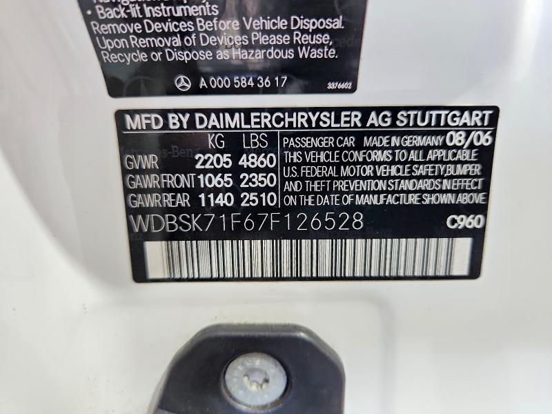 54014616 :رقم المزاد ، WDBSK71F67F126528 vin ، 2007 Mercedes-benz Sl مزاد بيع