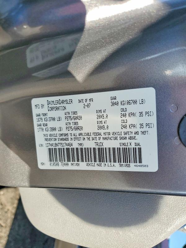 52538166 :رقم المزاد ، 1D7HA18N77S174464 vin ، 2007 Dodge Ram 1500 مزاد بيع