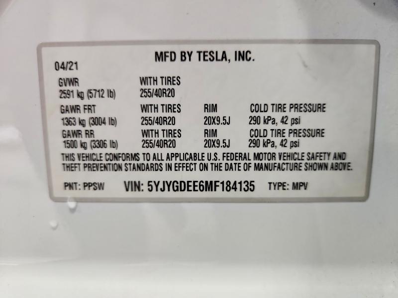 Aukcja sprzedaży 2021 Tesla Model Y, vin: 5YJYGDEE6MF184135, numer aukcji: 54301056