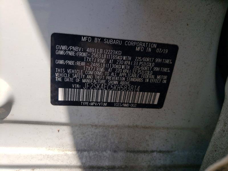 2019 Subaru Forester მანქანა იყიდება აუქციონზე, vin: JF2SKAEC5KH583814, აუქციონის ნომერი: 53223726