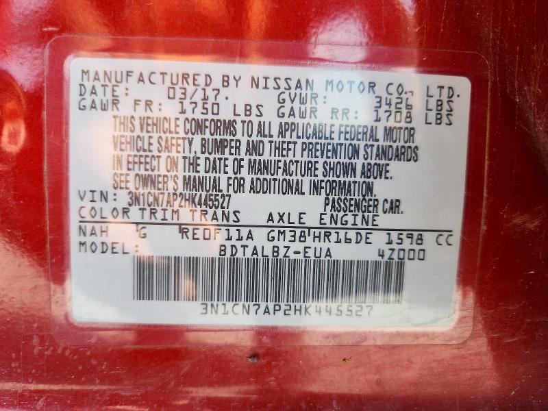 2017 Nissan Versa მანქანა იყიდება აუქციონზე, vin: 3N1CN7AP2HK445527, აუქციონის ნომერი: 53260256