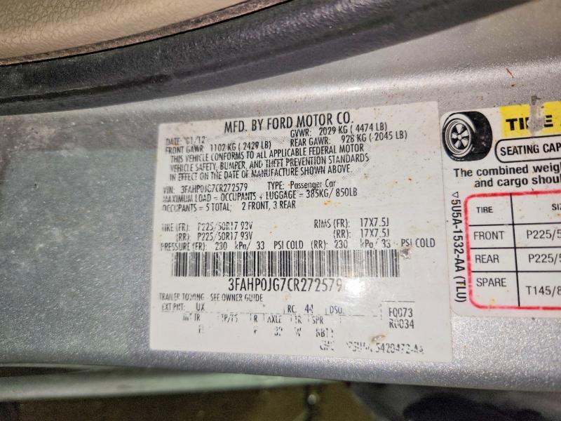 Продаж на аукціоні авто 2012 Ford Fusion, vin: 3FAHP0JG7CR272579, номер лоту: 54325716