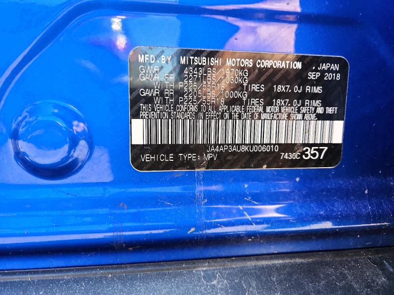 2019 Mitsubishi Outlander Sport მანქანა იყიდება აუქციონზე, vin: JA4AP3AU8KU006010, აუქციონის ნომერი: 53804816