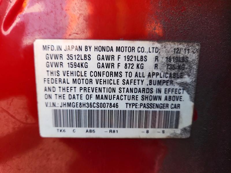 Aukcja sprzedaży 2012 Honda Fit, vin: JHMGE8H36CS007846, numer aukcji: 54945086