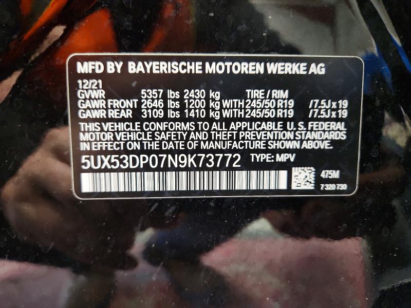 52194176 :رقم المزاد ، 5UX53DP07N9K73772 vin ، 2022 Bmw X3 مزاد بيع