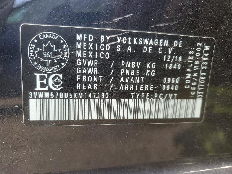 Продажа на аукционе авто 2019 Volkswagen Jetta, vin: 3VWW57BU5KM147190, номер лота: 54955376