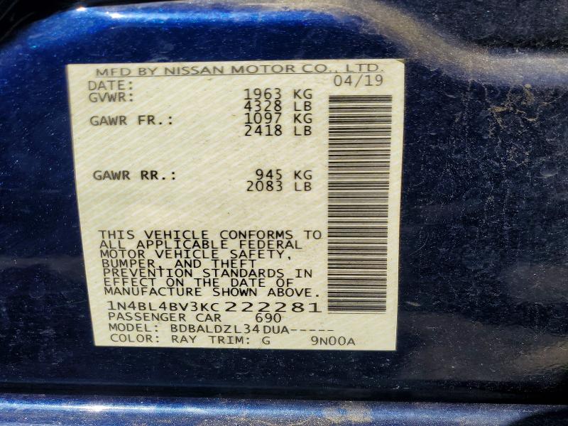 53086476 :رقم المزاد ، 1N4BL4BV3KC222281 vin ، 2019 Nissan Altima مزاد بيع