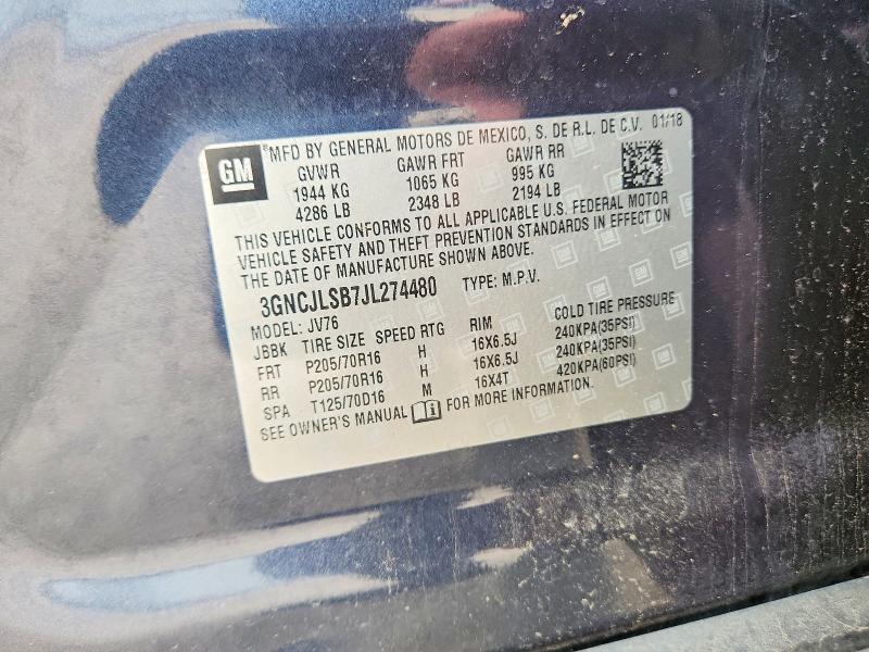 Aukcja sprzedaży 2018 Chevrolet Trax, vin: 3GNCJLSB7JL274480, numer aukcji: 54410886