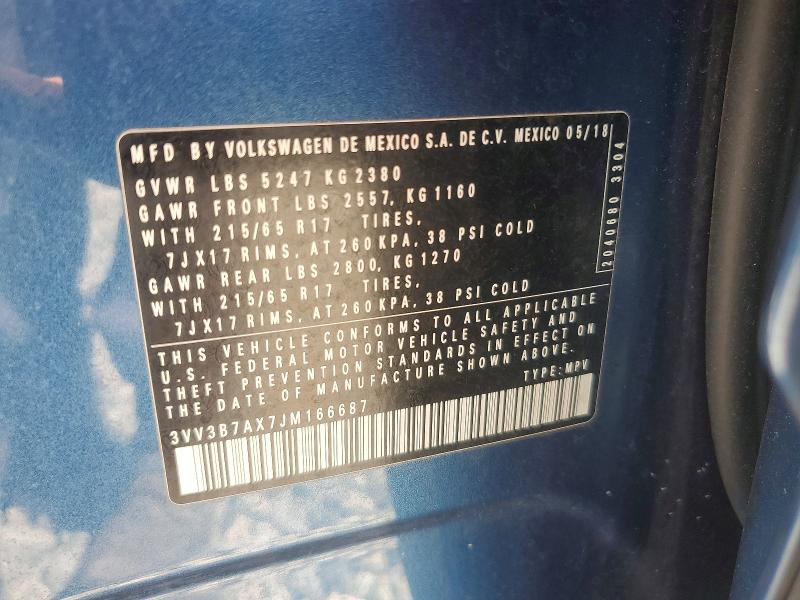 Aukcja sprzedaży 2018 Volkswagen Tiguan, vin: 3VV3B7AX7JM166687, numer aukcji: 51556656