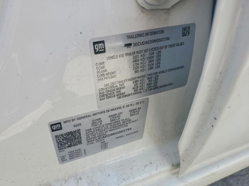 Aukcja sprzedaży 2022 Chevrolet Silverado, vin: 3GCUDAED9NG503794, numer aukcji: 52831766