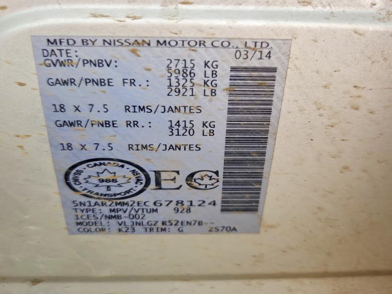 53544766 :رقم المزاد ، 5N1AR2MM2EC678124 vin ، 2014 Nissan Pathfinder مزاد بيع