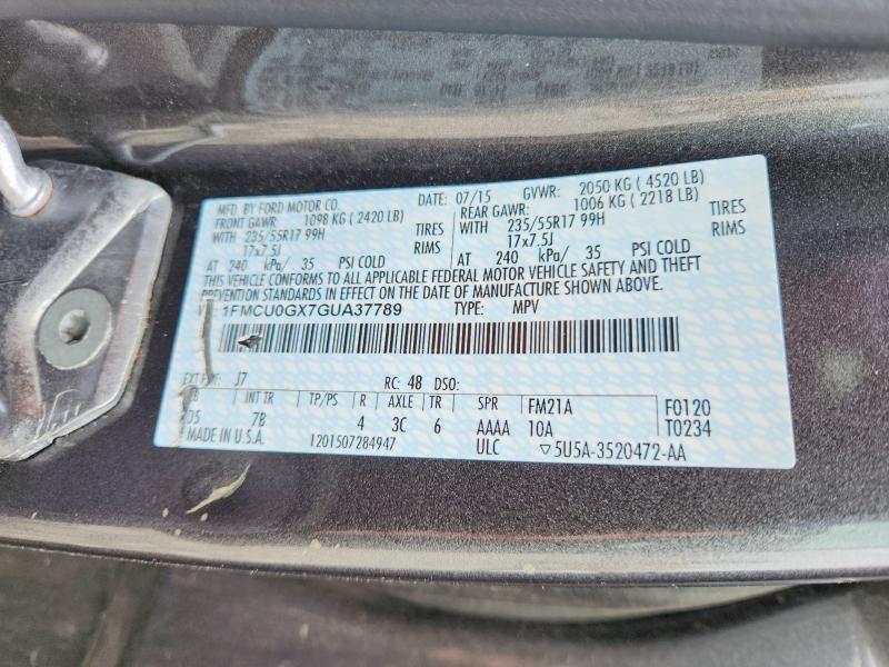 55217906 :رقم المزاد ، 1FMCU0GX7GUA37789 vin ، 2016 Ford Escape مزاد بيع