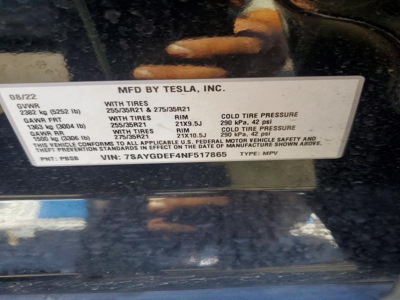 Продажа на аукционе авто 2022 Tesla Model Y, vin: 7SAYGDEF4NF517865, номер лота: 54530556