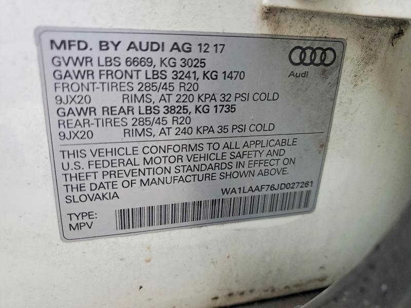 2018 Audi Q7 მანქანა იყიდება აუქციონზე, vin: WA1LAAF76JD027261, აუქციონის ნომერი: 54240736