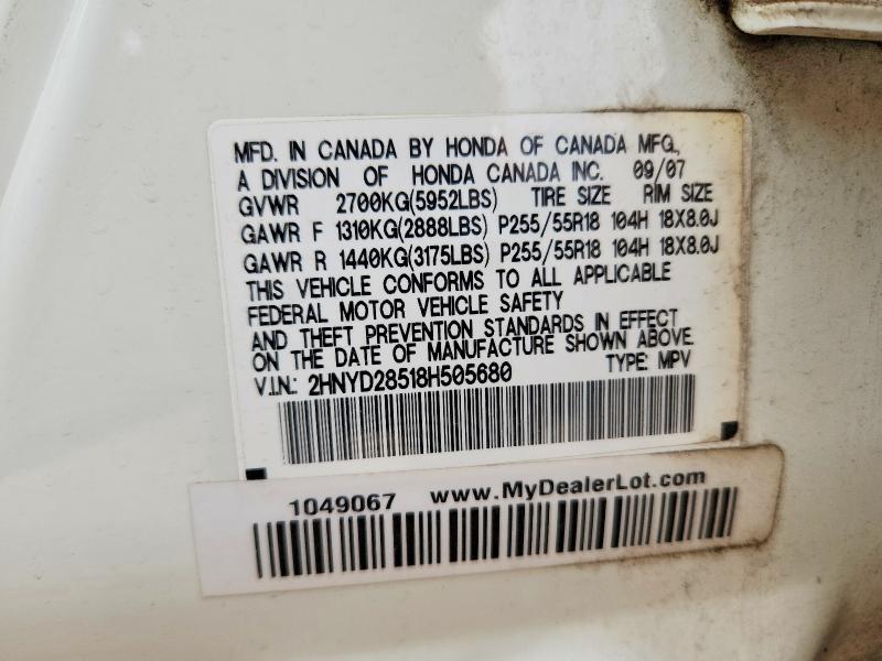 54136426 :رقم المزاد ، 2HNYD28518H505680 vin ، 2008 Acura Mdx مزاد بيع