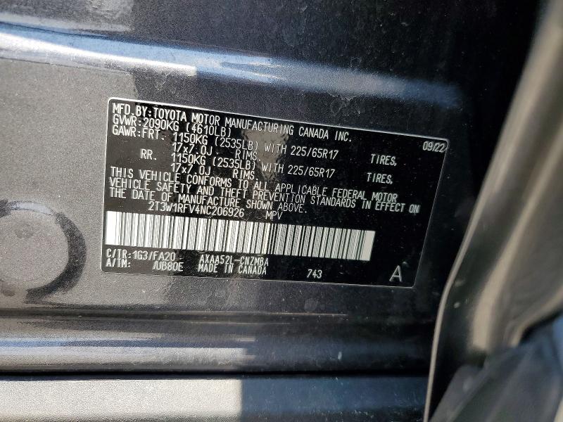 53011606 :رقم المزاد ، 2T3W1RFV4NC206926 vin ، 2022 Toyota Rav4 مزاد بيع