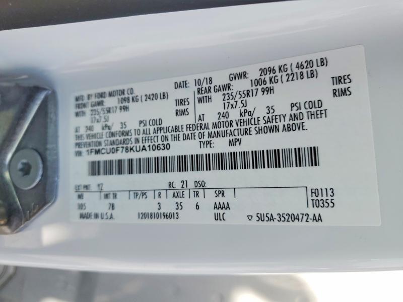 Продажа на аукционе авто 2019 Ford Escape, vin: 1FMCU0F78KUA10630, номер лота: 53943736
