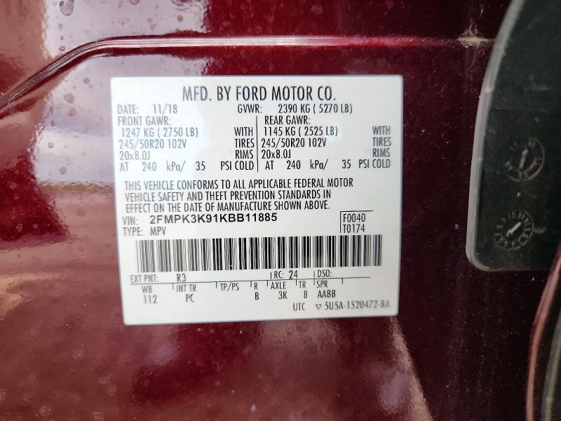 53169496 :رقم المزاد ، 2FMPK3K91KBB11885 vin ، 2019 Ford Edge مزاد بيع