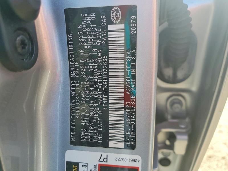 2017 Toyota Camry მანქანა იყიდება აუქციონზე, vin: 4T1BF1FK8HU322665, აუქციონის ნომერი: 53876376