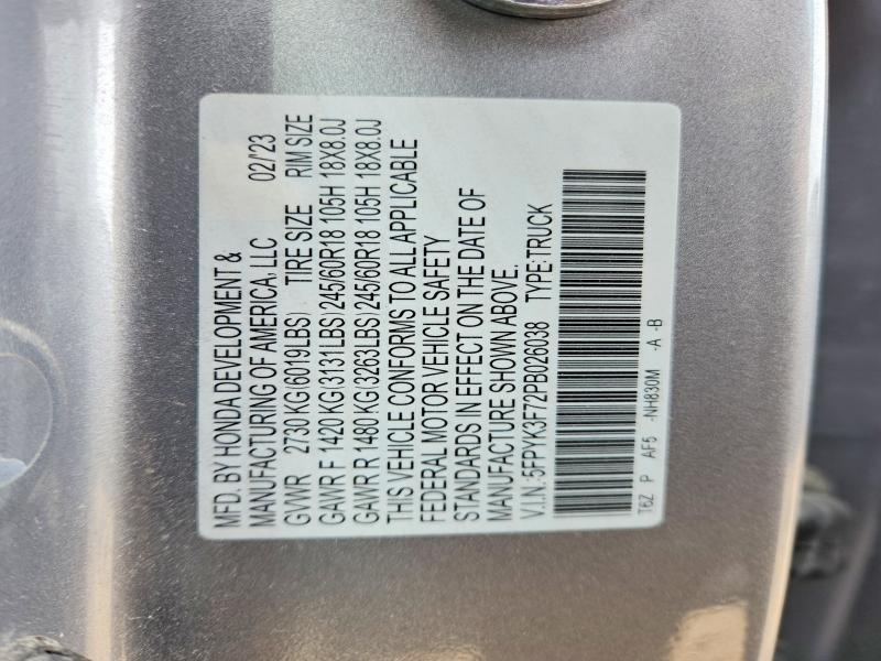 2023 Honda Ridgeline მანქანა იყიდება აუქციონზე, vin: 5FPYK3F72PB026038, აუქციონის ნომერი: 54274026