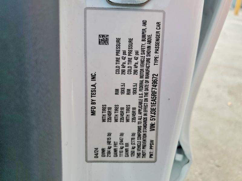 2024 Tesla Model 3 მანქანა იყიდება აუქციონზე, vin: 5YJ3E1EA5RF749672, აუქციონის ნომერი: 52863446