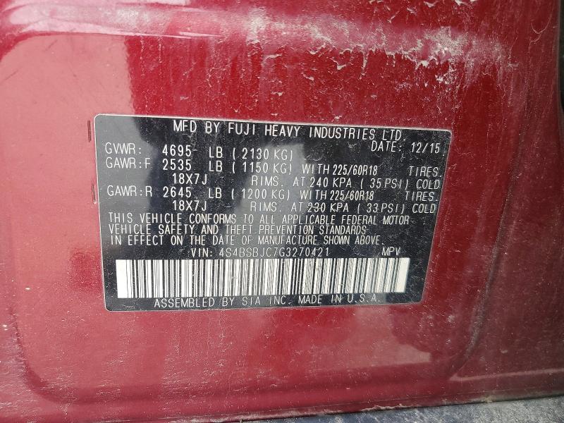2016 Subaru Outback მანქანა იყიდება აუქციონზე, vin: 4S4BSBJC7G3270421, აუქციონის ნომერი: 54900376