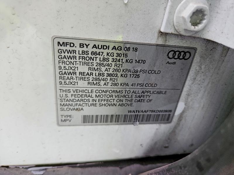 2019 Audi Q7 მანქანა იყიდება აუქციონზე, vin: WA1VAAF79KD003935, აუქციონის ნომერი: 52625396