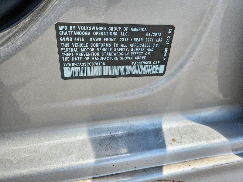 2012 Volkswagen Passat მანქანა იყიდება აუქციონზე, vin: 1VWBH7A33CC076198, აუქციონის ნომერი: 54834016