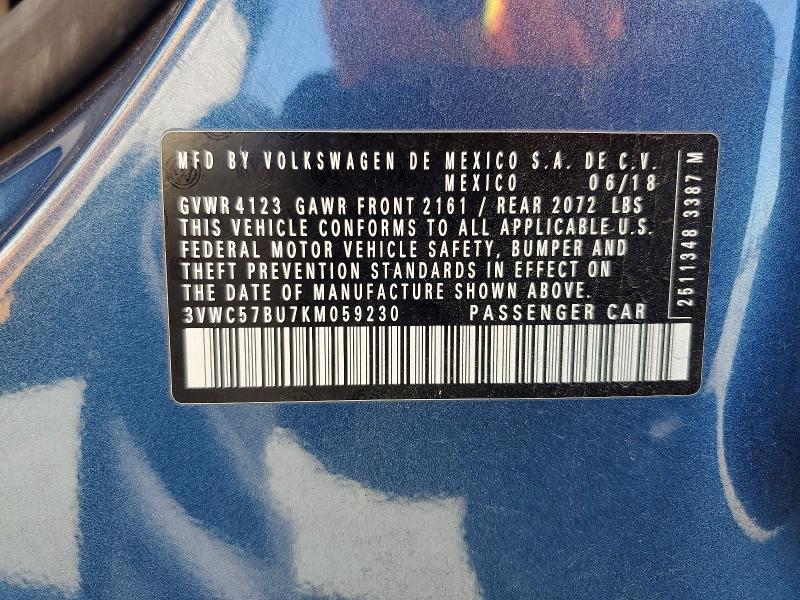 2019 Volkswagen Jetta მანქანა იყიდება აუქციონზე, vin: 3VWC57BU7KM059230, აუქციონის ნომერი: 53039096