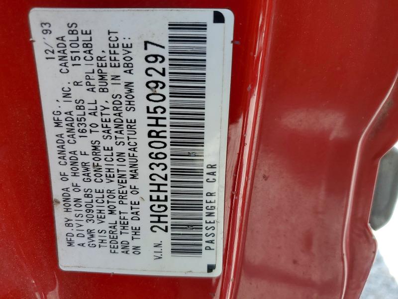 53748306 :رقم المزاد ، 2HGEH2360RH509297 vin ، 1994 Honda Civic مزاد بيع