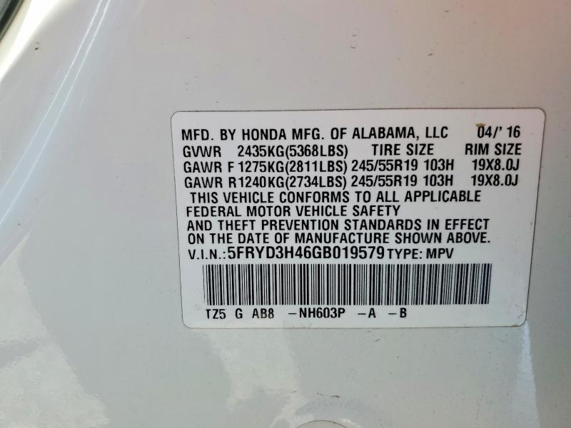 Aukcja sprzedaży 2016 Acura Mdx, vin: 5FRYD3H46GB019579, numer aukcji: 53108956