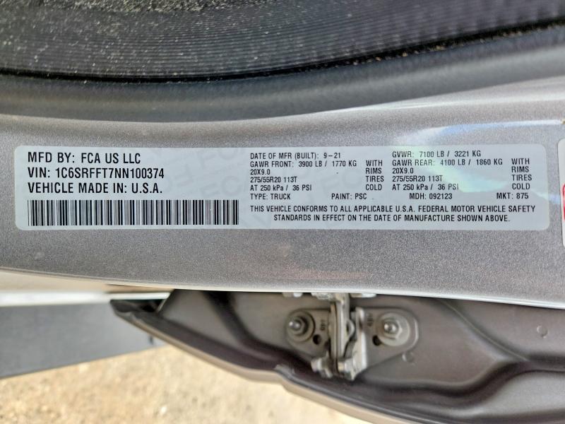 Продаж на аукціоні авто 2022 Ram 1500, vin: 1C6SRFFT7NN100374, номер лоту: 52186086