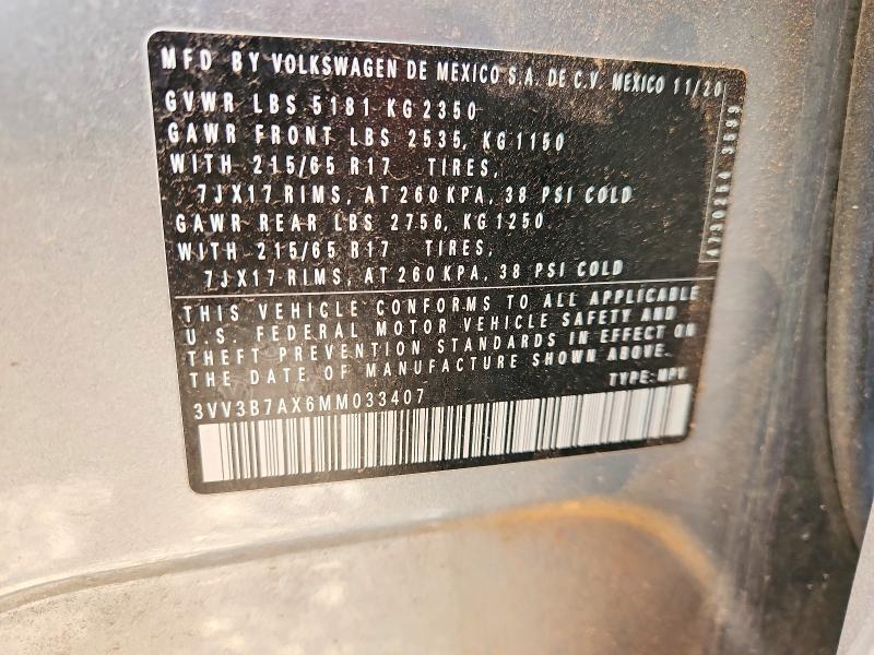 Auction sale of the 2021 Volkswagen Tiguan, vin: 3VV3B7AX6MM033407, lot number: 54882156