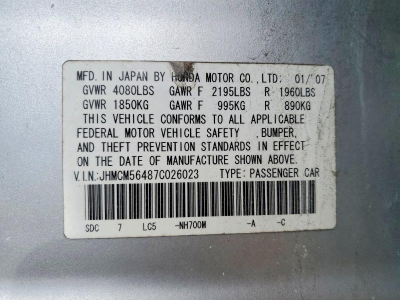 54480056 :رقم المزاد ، JHMCM56487C026023 vin ، 2007 Honda Accord مزاد بيع
