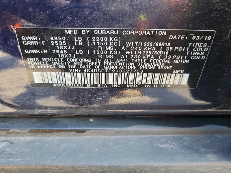 52877636 :رقم المزاد ، 4S4BSETC2J3327758 vin ، 2018 Subaru Outback مزاد بيع