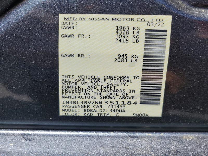 Aukcja sprzedaży 2022 Nissan Altima, vin: 1N4BL4BV2NN351184, numer aukcji: 52784736