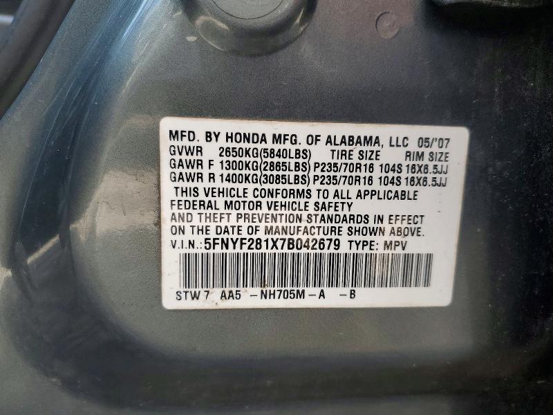 Продаж на аукціоні авто 2007 Honda Pilot, vin: 5FNYF281X7B042679, номер лоту: 52664186