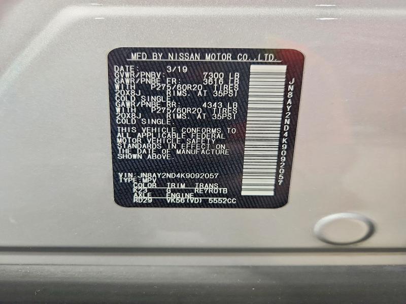 Aukcja sprzedaży 2019 Nissan Armada, vin: JN8AY2ND4K9092057, numer aukcji: 55171016