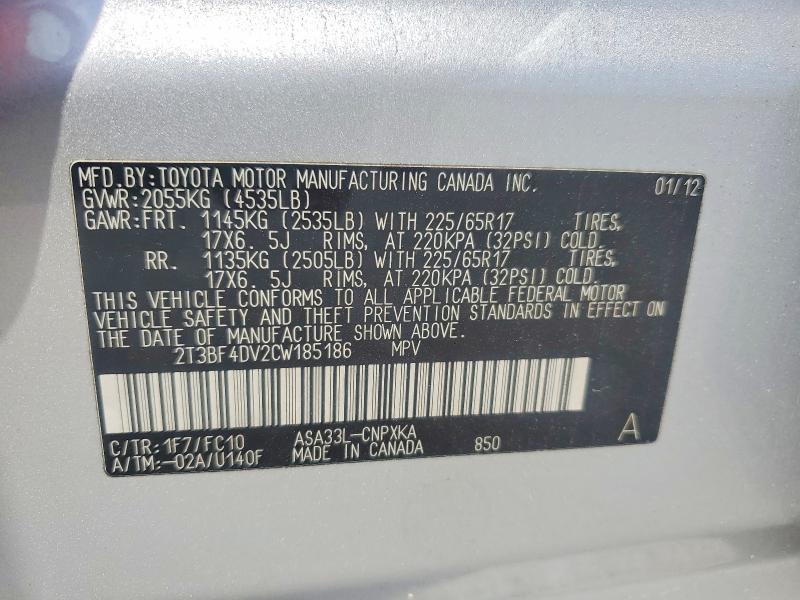 Продажа на аукционе авто 2012 Toyota Rav4, vin: 2T3BF4DV2CW185186, номер лота: 54951646