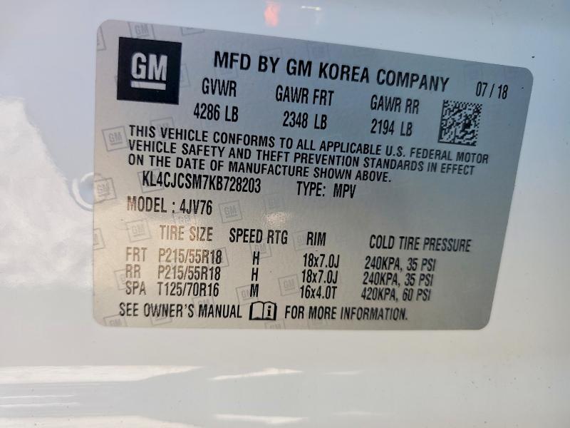 53877096 :رقم المزاد ، KL4CJCSM7KB728203 vin ، 2019 Buick Encore مزاد بيع