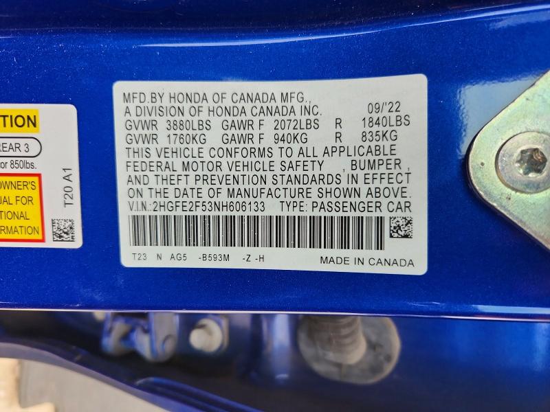 Продажа на аукционе авто 2022 Honda Civic, vin: 2HGFE2F53NH606133, номер лота: 53990076