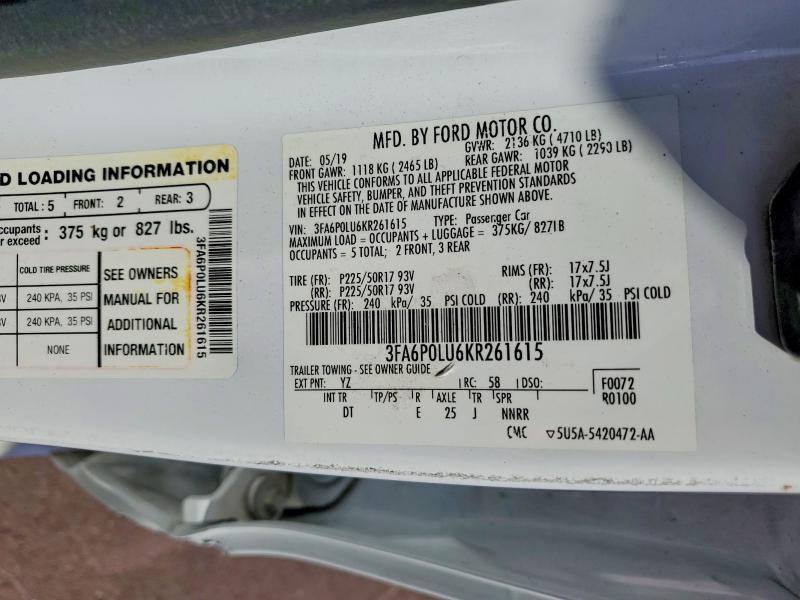 2019 Ford Fusion მანქანა იყიდება აუქციონზე, vin: 3FA6P0LU6KR261615, აუქციონის ნომერი: 52357476