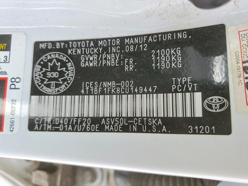Продажа на аукционе авто 2012 Toyota Camry, vin: 4T1BF1FK8CU149447, номер лота: 54661586