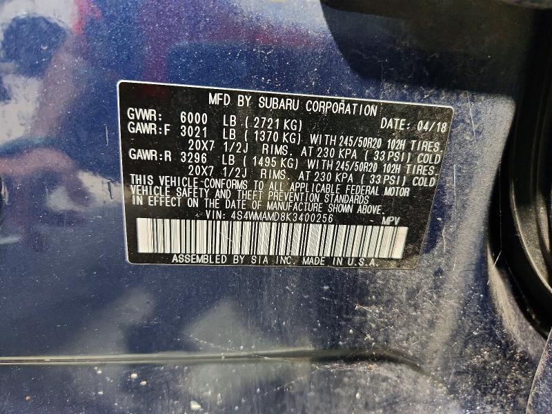 54591366 :رقم المزاد ، 4S4WMAMD8K3400256 vin ، 2019 Subaru Ascent مزاد بيع